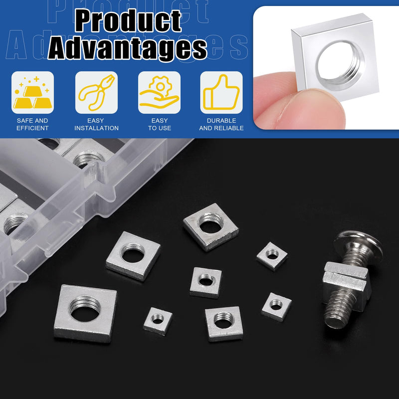 Glarks 90pcs Carbon Steel Square Nut Set M3 M4 M5 M6 M8 White Zinc Plated Square Thin Nut Square Machine Screws Nut Metric Coarse Thread Assortment Kit for Furniture Construction Mechanical Equipment White/Zinc