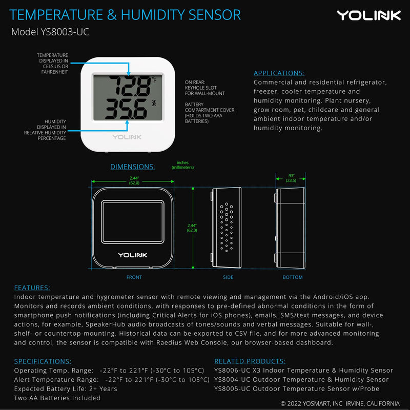 YoLink Smart Wireless Temperature & Humidity Sensor, Wide Temp Range for Fridge, Green House, Pet Cage, App Alerts, Emails, Text/SMS alerts- Hub Required 1-Pack without Hub