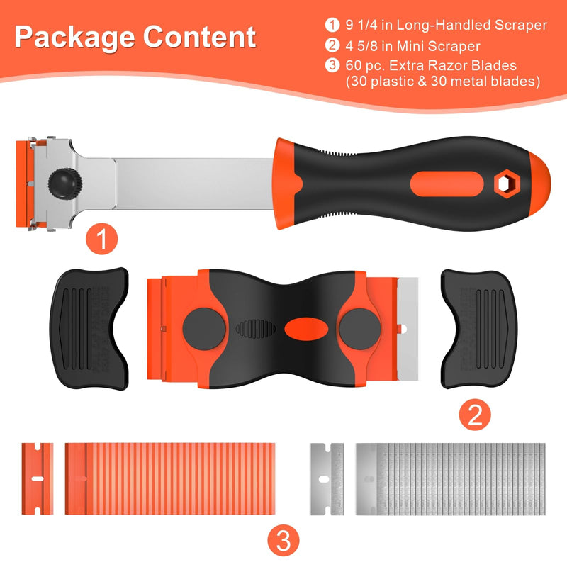 3 Pack Razor Blade Scraper Set, Includes 30 Plastic & 30 Metal Blades, Multi-Purpose Tool for Glass, Cooktop, Sticker Removal, Paint & Gum Cleaning (Orange) Orange