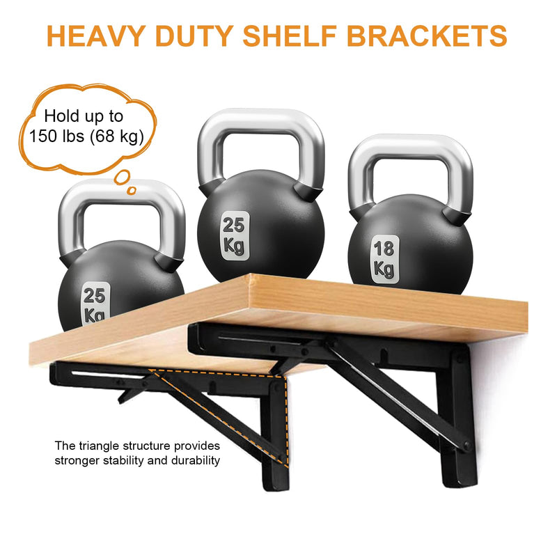 Folding Shelf Brackets - Heavy Duty Metal Collapsible Shelf Bracket for Bench Table, Shelf Hinge Wall Mounted Space Saving DIY Bracket, Max Load: 150 lb 2 PCS (10 Inch, Black) 10 Inch