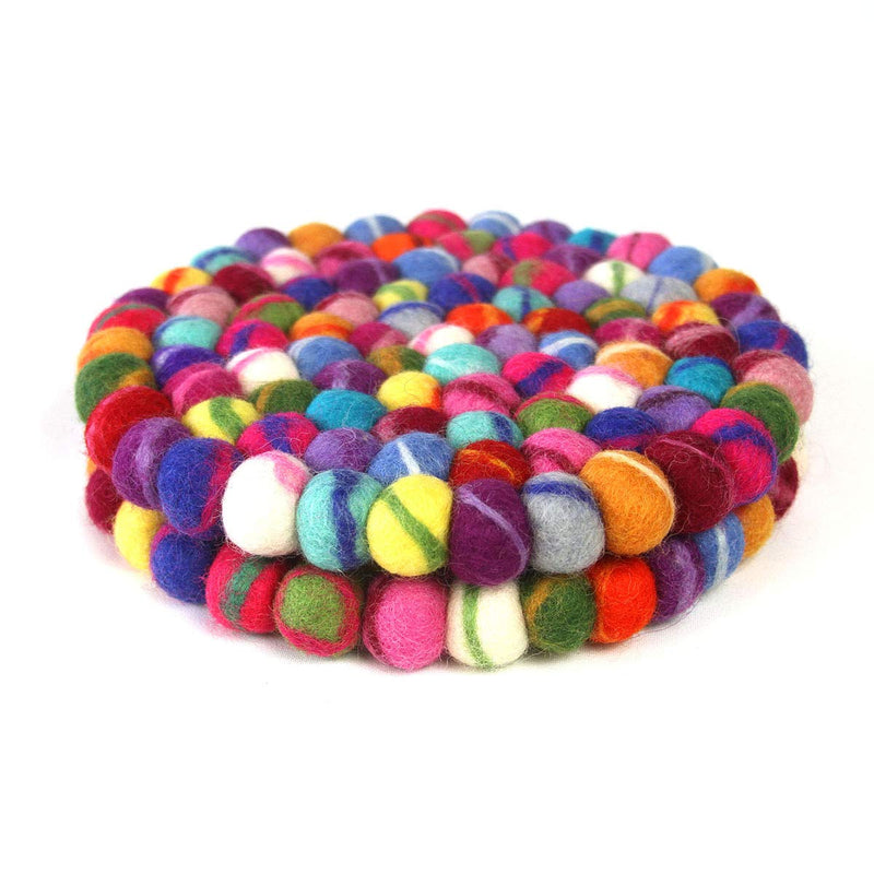 Global Crafts Hand Crafted Felt Ball Wool Trivet Mat from Nepal, 8" Round Pad, Rainbow