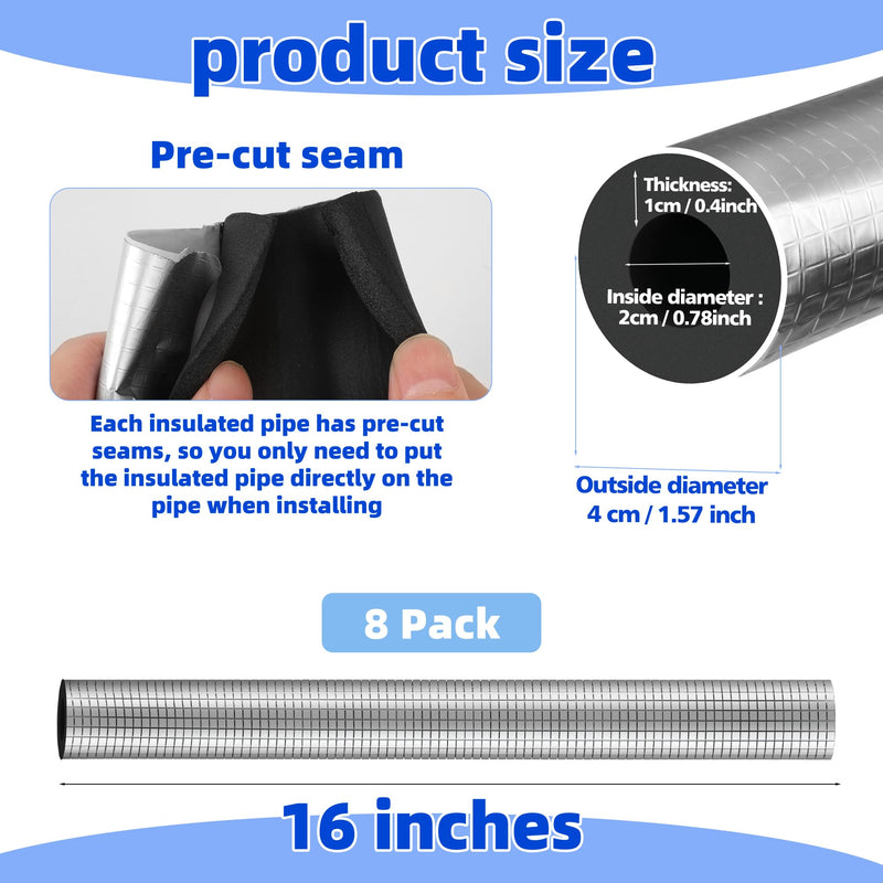 8 Pack Pipe Insulation Foam Tube - 3/4" ID Pre Slit Foam Pipe Covers with Aluminum Foil Self Adhesive Pipe Insulation Wrap for Outdoor Spigot Outside Water Pipe Winter Freeze Protection 8 Pcs