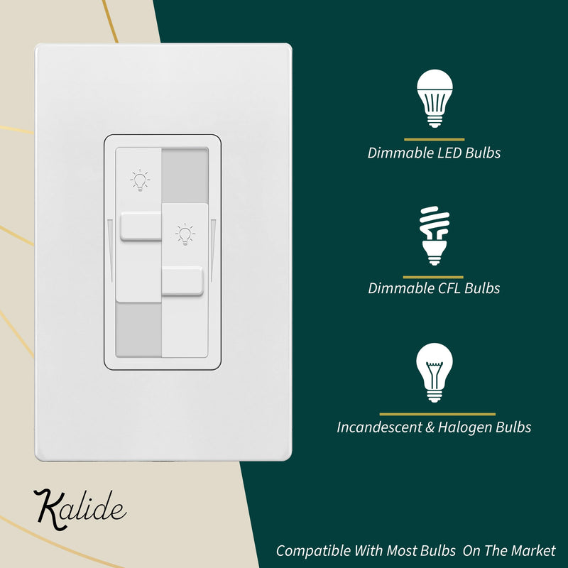 TOPGREENER Kalide Dual Load Dimmer Light Switch, Double LED Dimmer Switch, Full Range Dimming, Single Pole, 120VAC, 60Hz, 200W LED/CFL, Neutral Wire Not Required, TGDDS-W, White 1 Pack