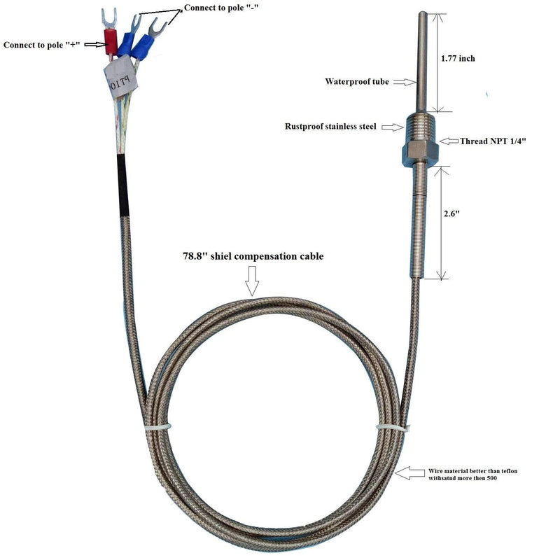 Waterproof RTD PT100 Temperature Sensor - Jaybva Stainless Steel 3 Wire Thermistor Probe for PID Temperature Controller NPT 1/4" Inch Pipe Thread with Insulation Lead Shield Wire -50~500℃ with 2m Wire 1/4"pt100