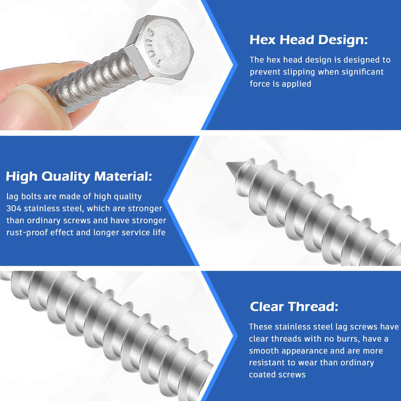 Zonon 50 Pcs 1/4" x 1-1/2" Hex Head Lag Screws 304 Stainless Steel Lag Bolts Heavy Duty Lag Screws Hexagon Head Wood Screws 1/4" X 1-1/2"
