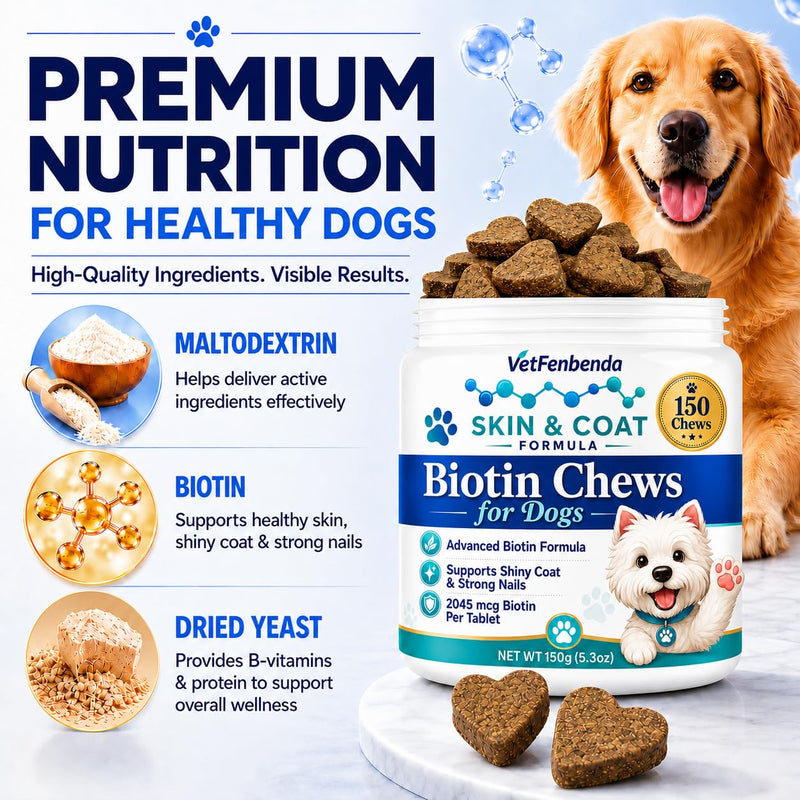 Biotin for Dogs Skin and Coat Supplement Dog Shedding and Dry Skin Support Chews, Dog Nail Strengthener with 58mg Vitamin Biotin per oz, Dried Yeast B-Complex & 42% Protein for All Breeds, 150 Chews