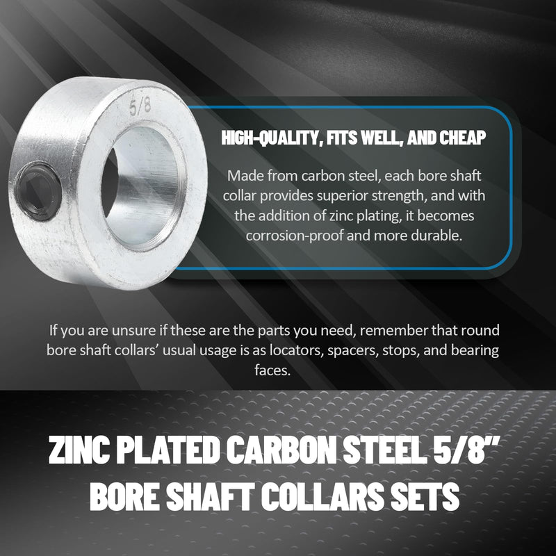 (8-Pack) Zinc Plated Carbon Steel 5/8” Bore Shaft Collars Sets - Screw Style Bore Shaft Collars with 5/8” Bore Size, 1-1/8 Outer Diameter, and 1/2 Width - Suitable for Automotive and Industrial Use 8