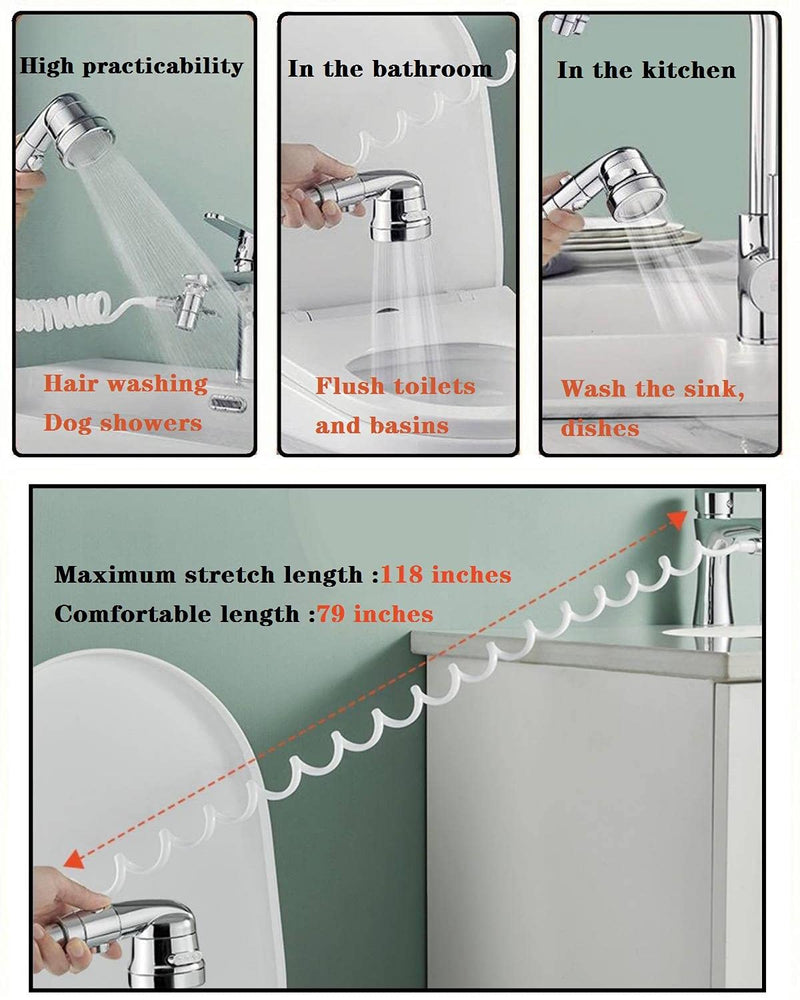 Sink Faucet Hose Sprayer Attachment handheld Sink Sprayer with ON/Off & 7 Adapters Extension Shampoo Hose Shower Head for Hair Washing Baby Bath Pet Rinse (6.5ft Silver Sink Shower Set) 6.5ft Silver Sink Shower Set