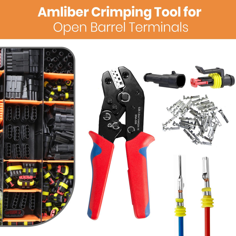 Wire Crimping Tool with Ratchet, Amliber Ratchet Wire Crimper Tool for Open Barrel Terminal Connectors, Electrical Crimping Tool for Molex Style Deutsch DELPHI AMP JST TYCO Terminals, 24-14 AWG