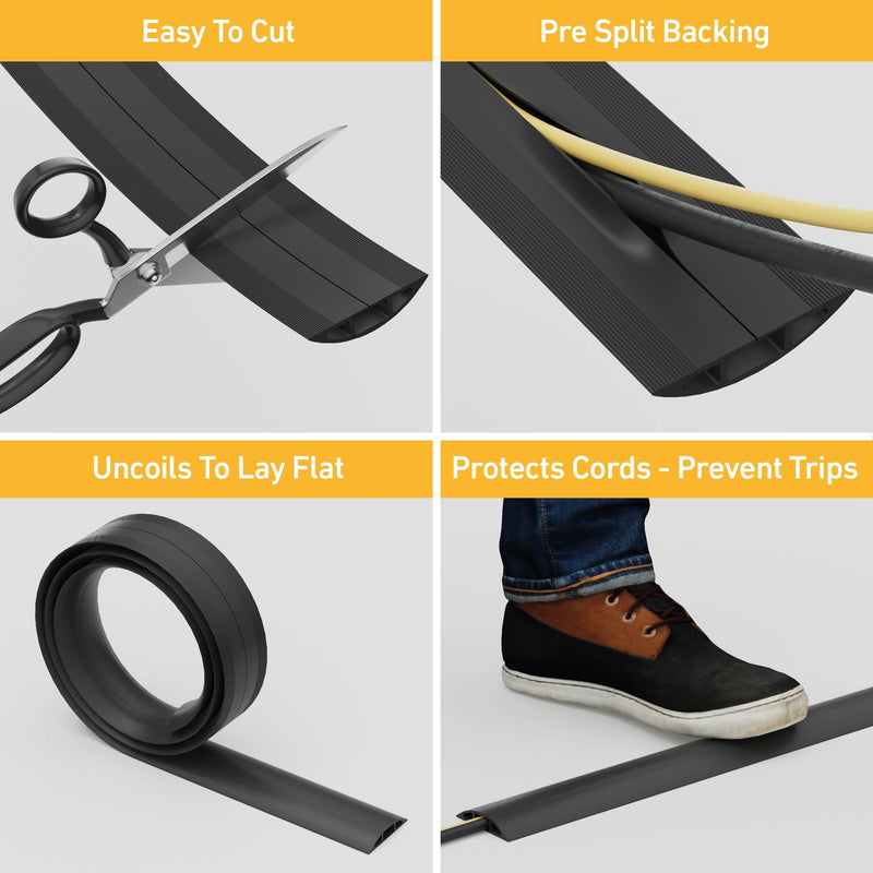 D-Line 6ft Floor Cord Cover, Cable Protector, Hide Extension Cords, Protect Cords, Prevent Cable Trips, Heavy Duty Cord Hider - Cable Cavity = 0.63" (W) x 0.31" (H) - Black 6 Feet
