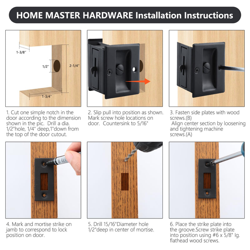 HOME MASTER HARDWARE Privacy Pocket Door Lock Pull Replace Damaged Or Old Sliding Door Locks Premium Quality Solid Brass Matte Black 2-3/4”x2-1/2”, for 1-3/8” Thickness Door (2 Pack) 2-3/4”x2-1/2” Black-2pack