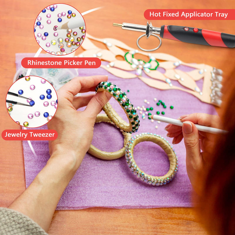 Catcan Hotfix Applicator Tool, Hotfix Rhinestones Applicator Bedazzler Kit with 2 Boxes AB Crystal Rhinestones Picker Tool, 7 Tips/Tweezers/Pencil/Brush DIY for Crafts red