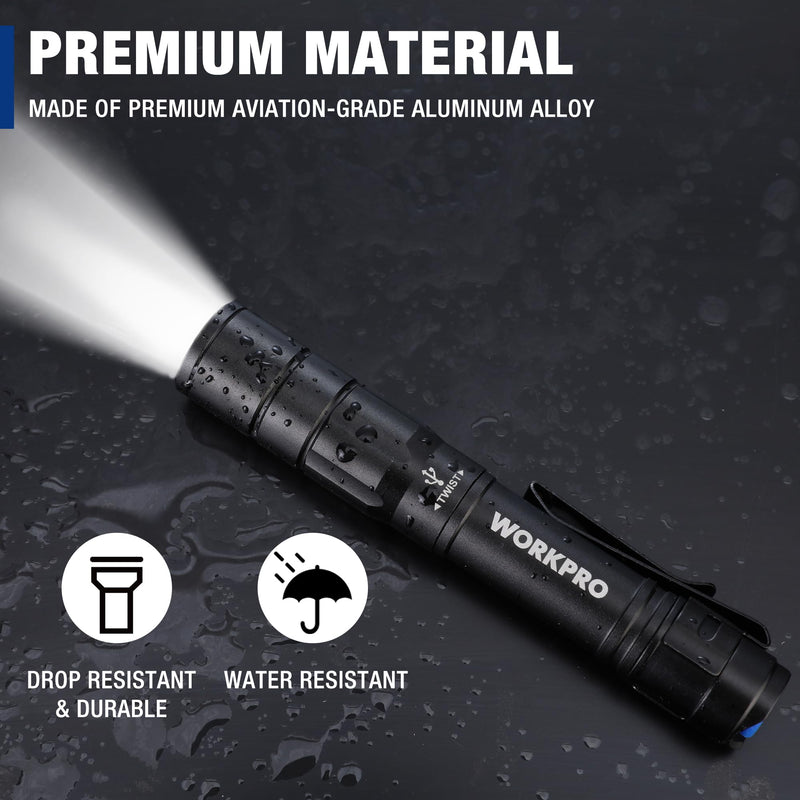 WORKPRO Rechargeable Pen Light, Mini Flashlight, 2 Pack Ultra-Compact EDC Flashlight, Pocket Flashlight with Clip, Memory Function and 2 x USB C Cable Included, Black