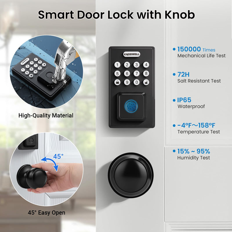 KNOBWELL Fingerprint Door Lock, Passage Door Knob, Black Keyless Entry Electronic Keypad Deadbolt Smart Front Door Lock Set Square Deadbolt