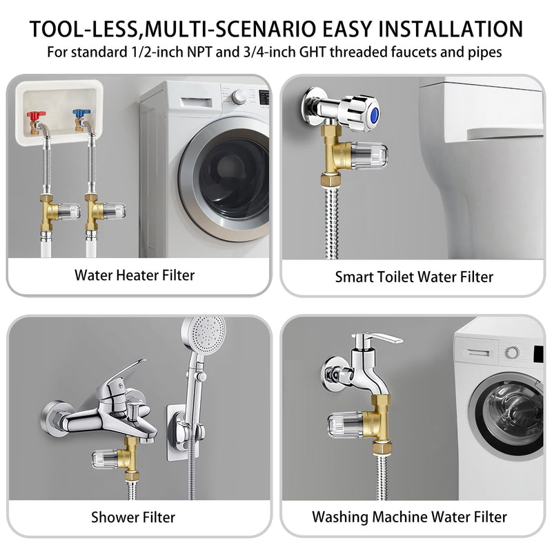 YH02 50 Micron Reusable Brass Washer Water Filter, Compact Washing Machine Water Filter System, for Washing Machine, Shower, Camping, Travel, Anti Scale Portable Sediment Filter