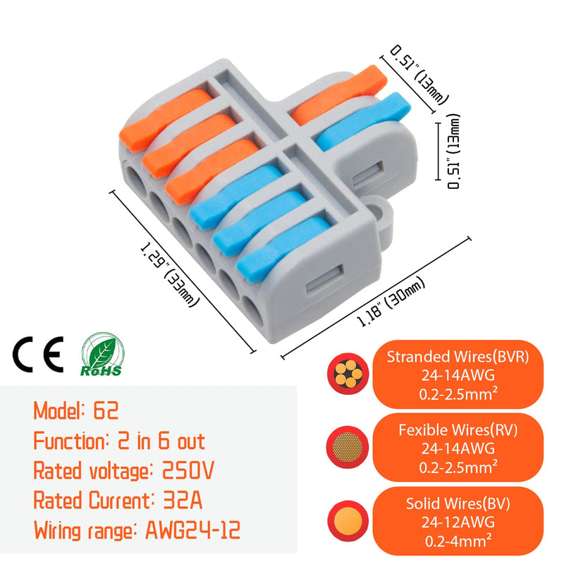 10Pcs Lever Wire Connectors, 2 in 6 Out Mini Quick Push-in Electrical Connector for 24-12 AWG