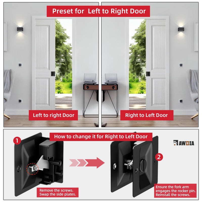 Matte Black Pocket Door Lock, 3-Pack Privacy Pocket Door Hardware, Pocket Door Handles, Pocket Door Lock Latch with Pull, 2-3/4’’x2-1/2’’, for 1.38’’-1.77’’ Thickness Door