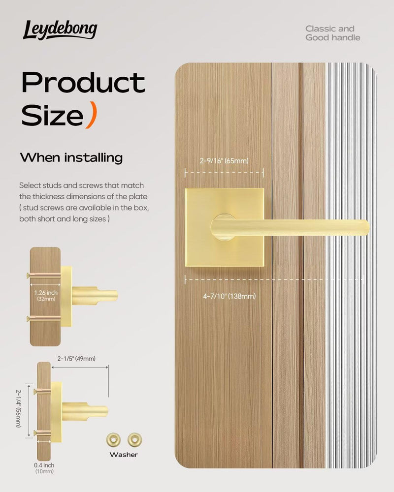 Leydebong 3 Pack Single Sided Gold Heavy Duty Door Lever Dummy Door Handle Set Door Hardware, Door Handles, Interior Door Handles Dummy Door Lever without Lock and Key