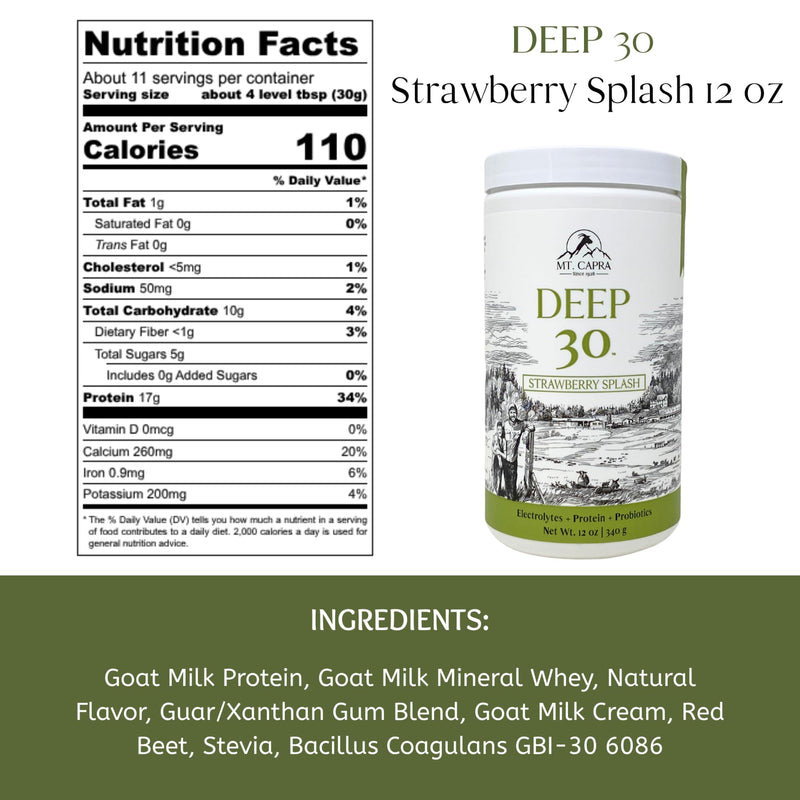 Mt. Capra Deep 30 | Meal Replacement Shake, Goat Protein Powder with Grass-Fed Whey Protein, Casein Protein, Minerals, and BC-30 Probiotics | Strawberry Splash | 11 Servings - 12 Ounces