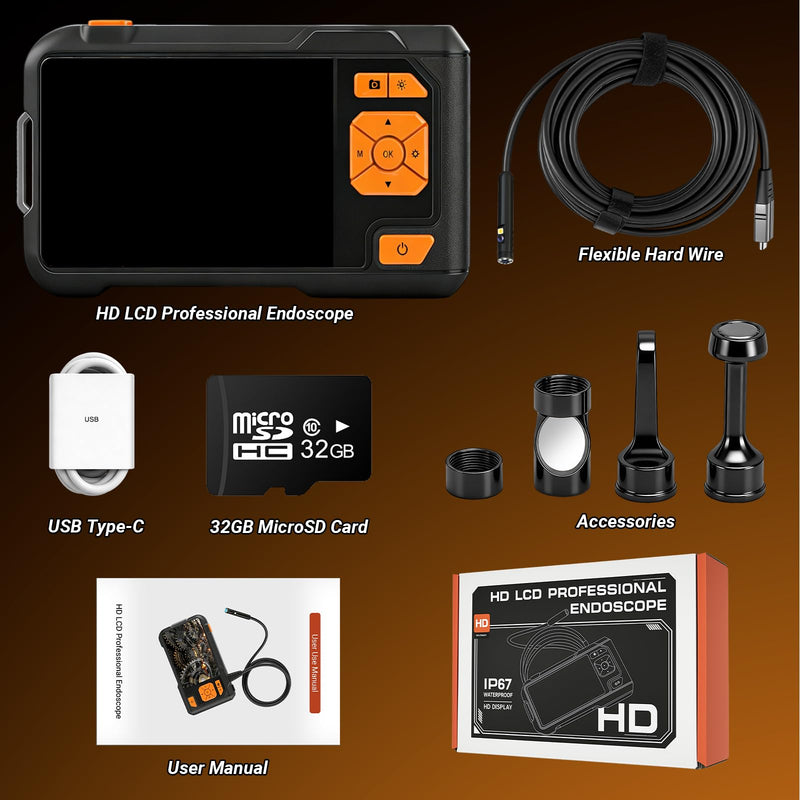 Dual Lens Endoscope Camera with Light, 1080P HD Borescope with 5" IPS Screen, 16.5FT Semi-Rigid Waterproof Inspection Camera, Snake Camera with Light & 32GB Card for Mechanic Tools & Plumbing