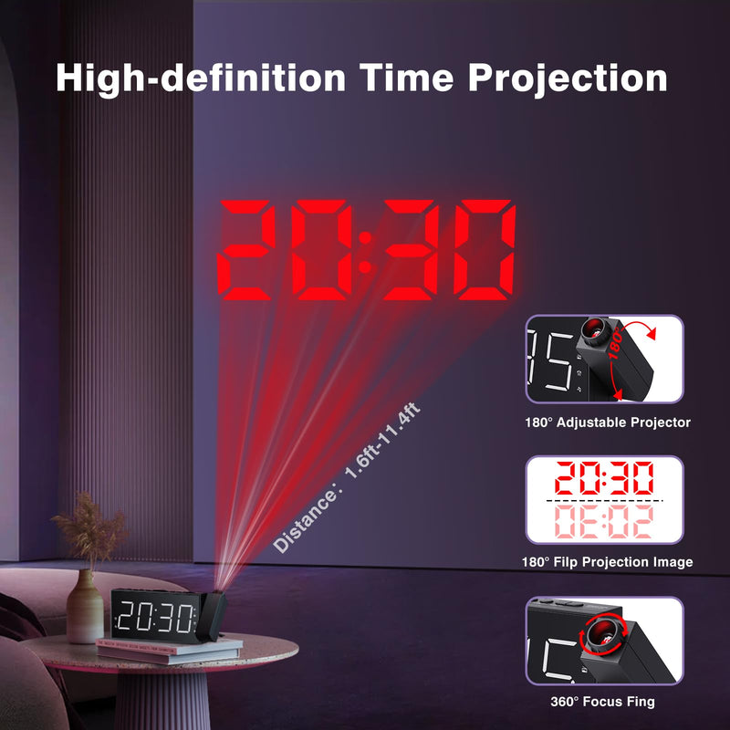 Mesqool Projection Alarm Clock with FM Radio,Large Number Display & Dimmer,USB Charger,Sleep Timer,Battery Backup,Dual Alarms,Clock Radio for Bedroom Heavy Sleepers White Digits