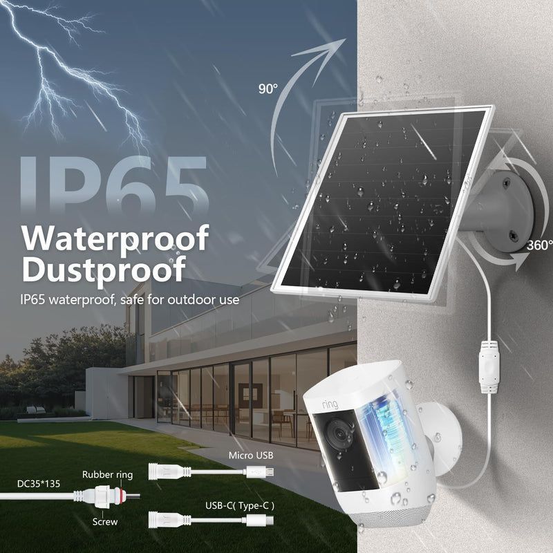 6W Solar Panel Charger for Outdoor Security Cameras. Micro USB/USB - C/DC (35 * 135) Fits Eufy/Wyze/Ring Camera, 9.8ft Cable,Waterproof Stabilization System for Battery Protection Fast Charging white-1Pack