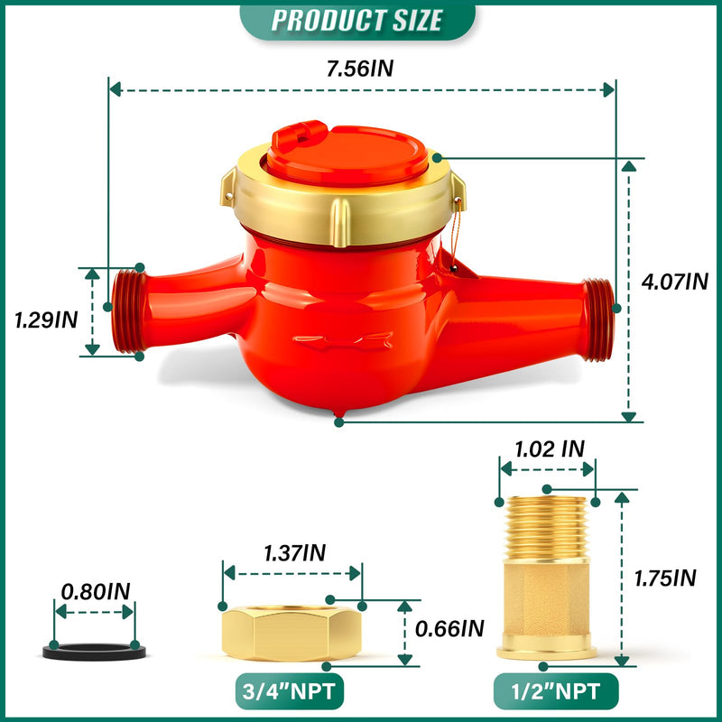 Hot Water Meter, 3/4" NPT Thread Couplings, with Brass Coupling Pipe Fitting, Horizontal Install, for use in Home hot Water Systems