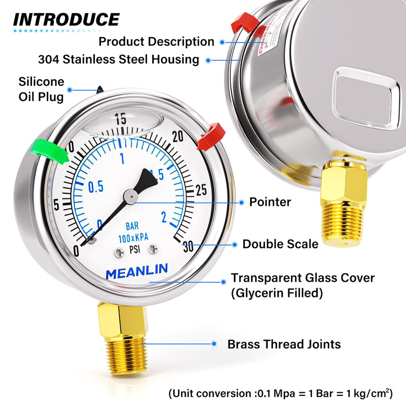 MEANLIN MEASURE 0~30Psi Low Liquid Filled Pressure Gauge Stainless Steel 1/4" NPT 2" FACE DIAL for Pool Sand Filter Water Oil Air Pressure Test Lower Mount, with Hex Bushing and 2PCS Snaps 0-30 Psi