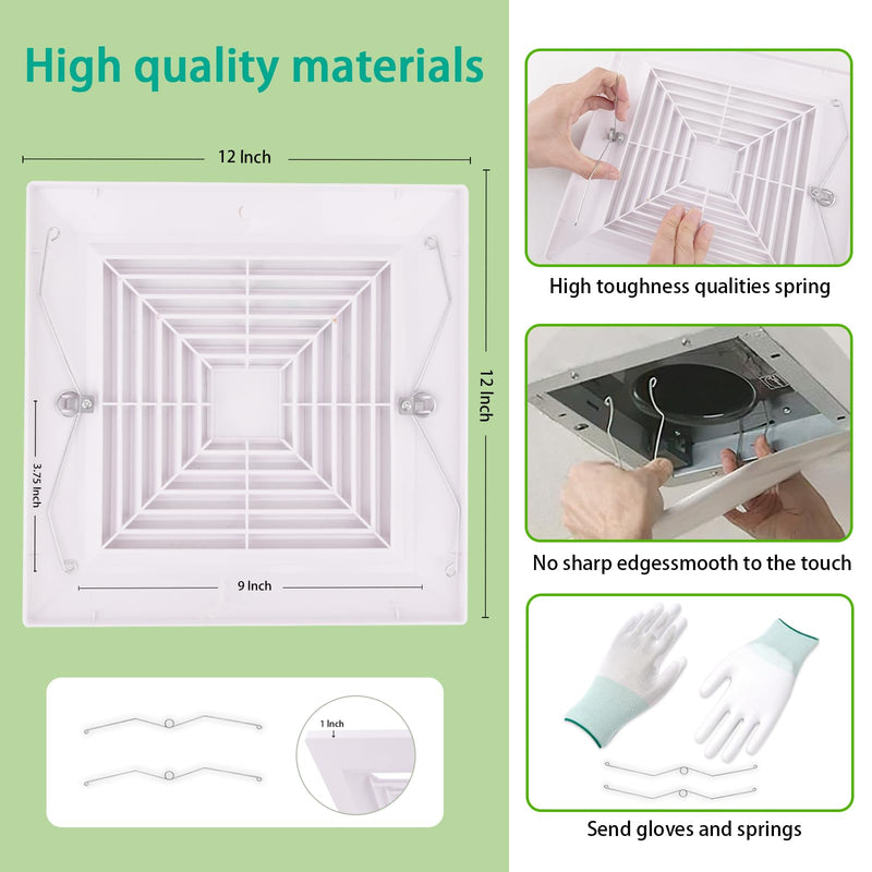 1-Piece(12"x12"Inches) Bathroom Exhaust Fan Cover with Spring, Square Ceiling or Wall Mounted Exhaust Fan, Ceiling Fan, Grille, Air Diffuser, Diverter Ventilation Hood, Replacement Accessories 12 X 12 inches 1