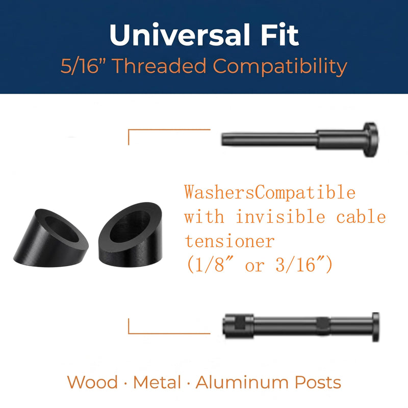 20-Pack 5/16" ID Black T316 Stainless Beveled Washers for Cable Railing | 30° angle, marine-grade T316 stainless steel, 5/16" ID, for 1/8" & 3/16" cable railing, fits wood/metal posts, 20-pack