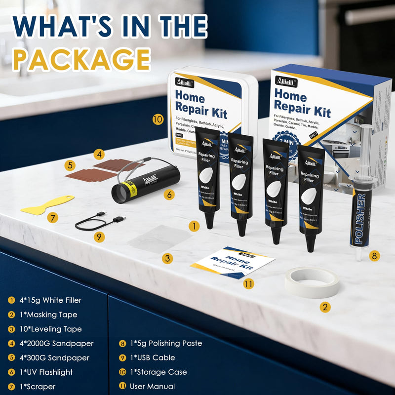 Quartz Countertop Repair Kit, Fiberglass Tub & Tile Repair Kit with 4x15g White Filler, 30s Fast Repair Chip, Hole, Scratch, Crack on Porcelain, Granite, Marble, Ceramic Tile, Bath Tub, Sink