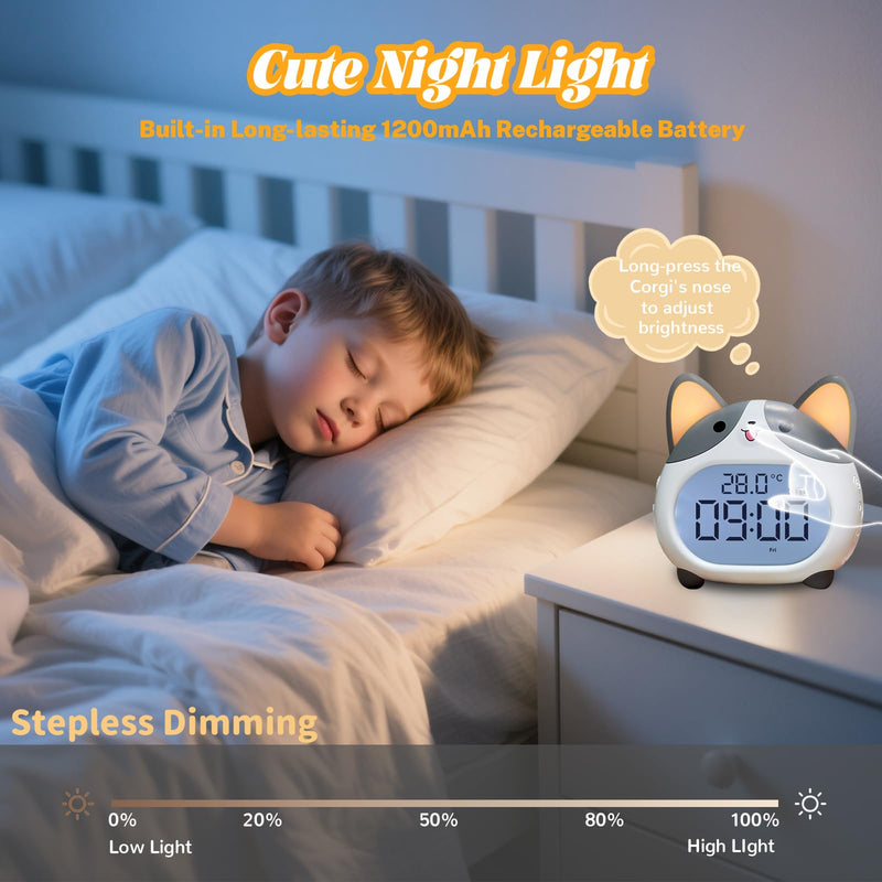 AVEKI Alarm Clocks for Kids - Cute Dog Clock with Night Light, 6 Alarm Tones, Snooze, Timer, Date and Temperature Display - Rechargeable Battery Operated Digital Clocks for Bedroom Kids Room Gray