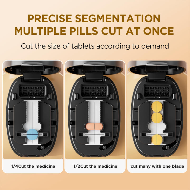 Pill Cutter Splitter for Small and Tiny Pills, 1/2 1/4 Pill Splitter for Small Pills,Vitamins, Tablets in Half or Quarters, Accurate and Easy Cutting, Stainless Steel Blade, Back Storage (Black) Black