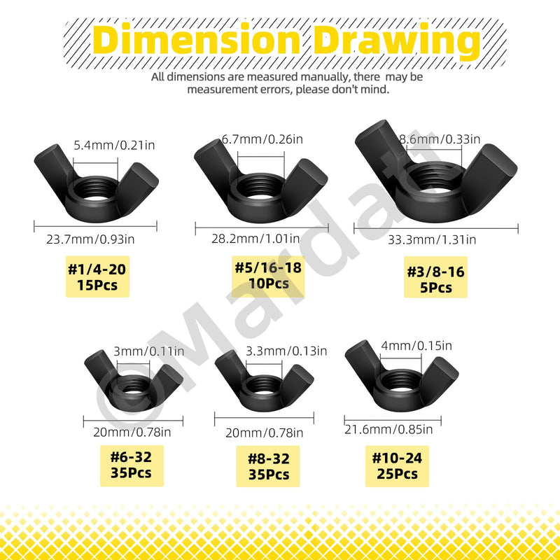 125Pcs SAE Wing Nuts Assortment Set, 6 Sizes Carbon Steel Butterfly Wing Nuts Black Wingnuts Fasteners, Hand Twist Tighten Ear Wing Nuts, 3/8”-16, 5/16”-18, 1/4”-20, #10-24, #8-32, #6-32