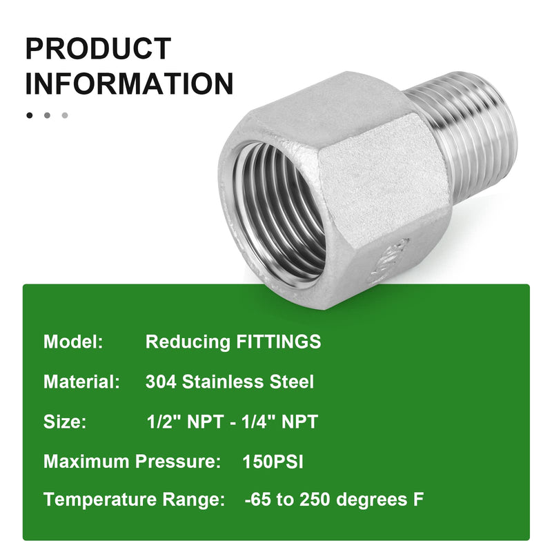 TAISHER 5PCS 304 Stainless Steel Pipe Fitting, Reducer Adapter, 1/4" Male NPTx 1/2" Female NPT 1/4” MNPT x 1/2“ FNPT 5