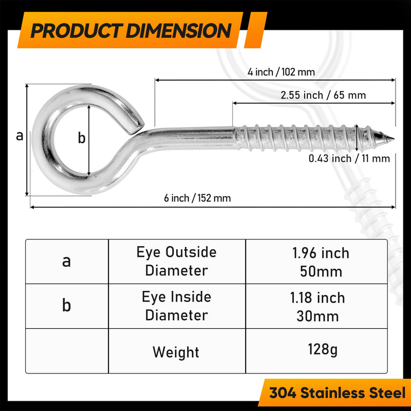 2Pcs 6 Inch Heavy Duty Screw Eyes Hooks, 304 Stainless Steel Self Tapping Eyelet Screw Eye Bolts,800LBS Breaking Strength, Screw in Eye Hooks for Wood Securing Cables Wire. (2, M10-6 Inch) 2