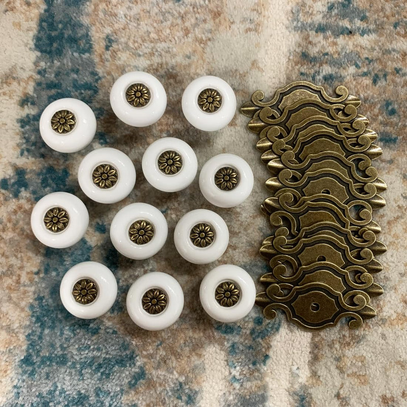 Retro Ceramic Cabinet Knobs, [12 Pack] Antique Vintage Dresser Knobs with Backplate, Drawer Pull Handles for Kitchen/Dresser Drawer/Cupboard/Wardrobe, White White-backplate 12 Pieces