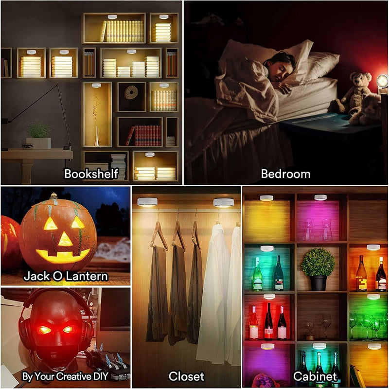 LED Puck Lights with Remote Battery Operated Under Cabinet Lighting Wireless Stick on Lights Color Changing Timer Tap Lights for Cabinets Shelves Closets Display Case - 6Pack Black 6 Pack