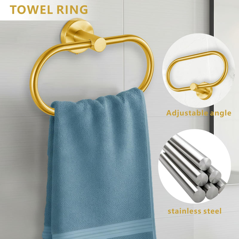 Bathroom Hardware Set Includes Towel Ring, Toilet Paper Holder and 2 Towel Hooks, SUS304 Stainless Steel Modern Wall-Mounted Bathroom Set, Rustproof Bathroom Fitting Set (Brushed Gold) Brushed Gold