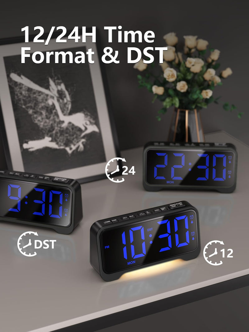 Mesqool Extra-Loud Alarm Clock with Bed Shaker for Heavy Sleepers, Vibrating & Buzzer Modes, Dual Alarms, USB Charging, Snooze & Battery Backup for Adults, Teens, Seniors Blue Digits With Bed Shaker