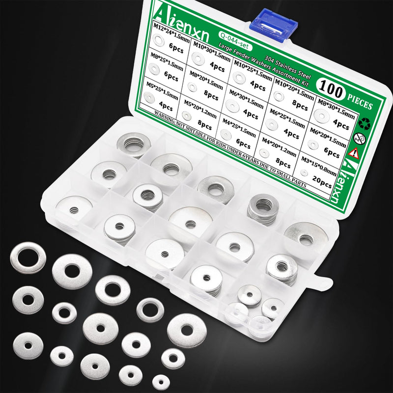 100PCS 304 Stainless Steel Fender Washer Assortment Kit, Washers for Bolts, 15 Metric Sizes Fender Washers for Screws -M3, M4, M5, M6, M8, M10, M12 for Home & Industrial Usage M3-M12 (100PCS)