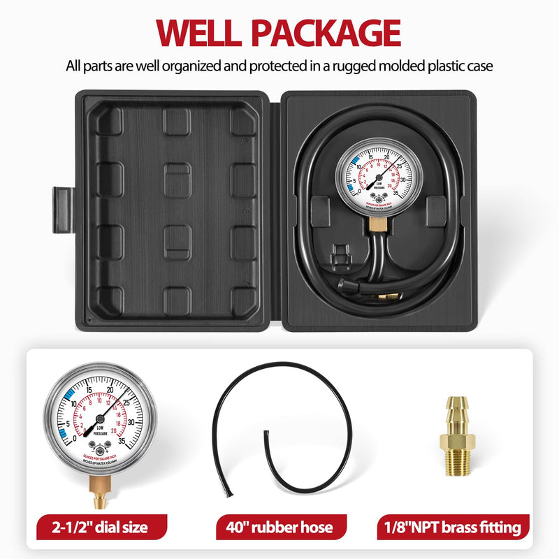 Natural Gas or LP Gas Manifold Pressure Test Kit, LP Gas Pressure Tester, Gas Manometer, Natural Gas Meter, with 1/8” NPT Brass Connector, 40" Hose, 0-35" W.C