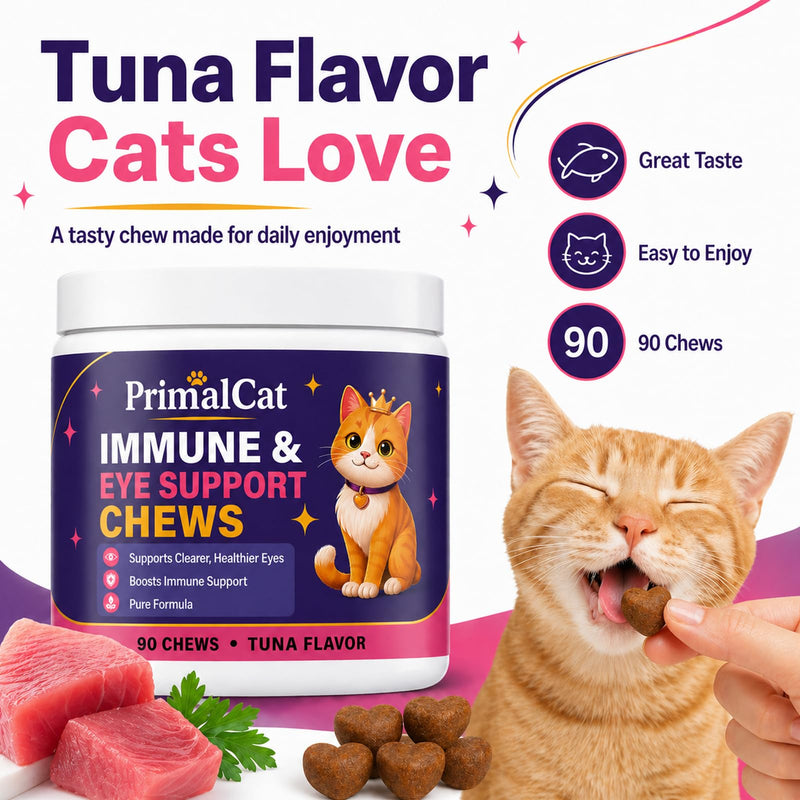 Immune & Eye Support Chews, 90 Primal Cat Immune Chews (Tuna Flavor), Cat Food, Vision Support, Supports Healthy Eyes and Immune Function (90 Chews) 90 Chews