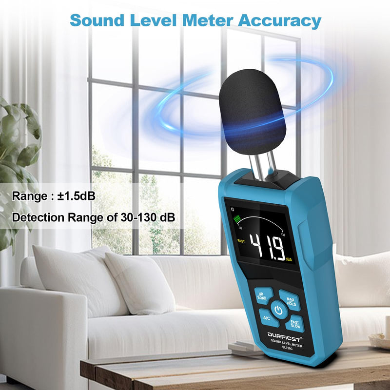 Decibel Meter, DURFICST Sound Level Meter, Portable Level Meter, dB/SONE Units Fast Switching, with LCD Colour Screen, Backlight, A/C Counterweight, Sound meter for home and construction sites