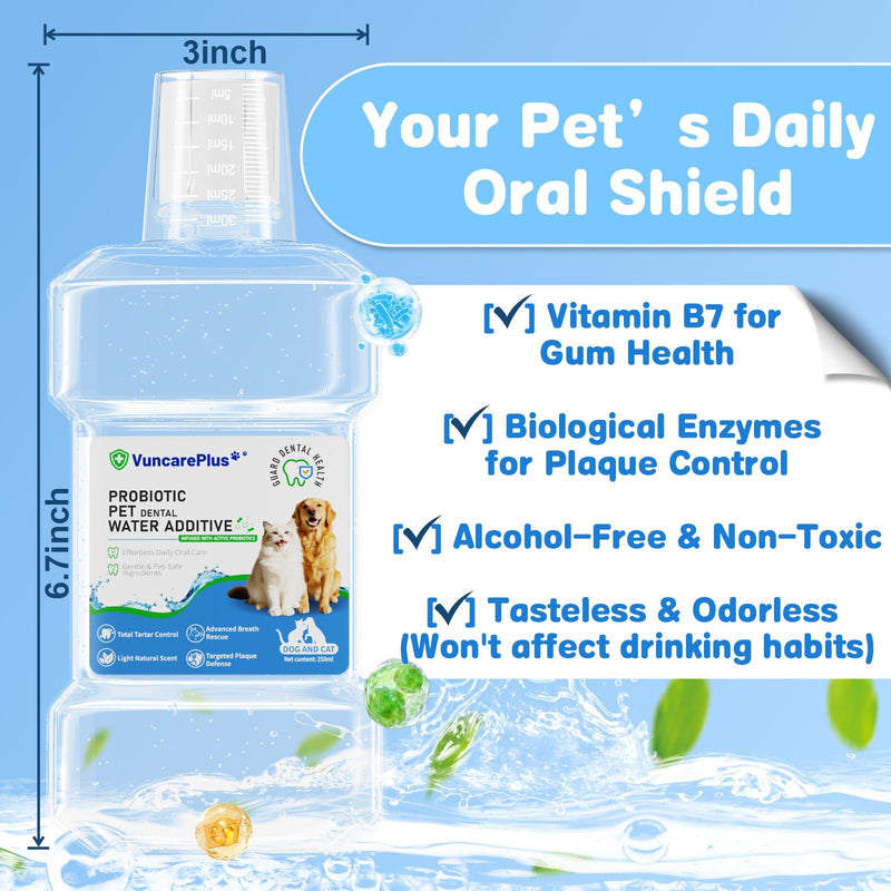 Probiotic Pet Dental Water Additive for Dogs & Cats, 8.5 oz Dog Cat Oral Care Solution, Dental Care Supplement, Fights Plaque Tartar Bad Breath, No Brushing Water Additive
