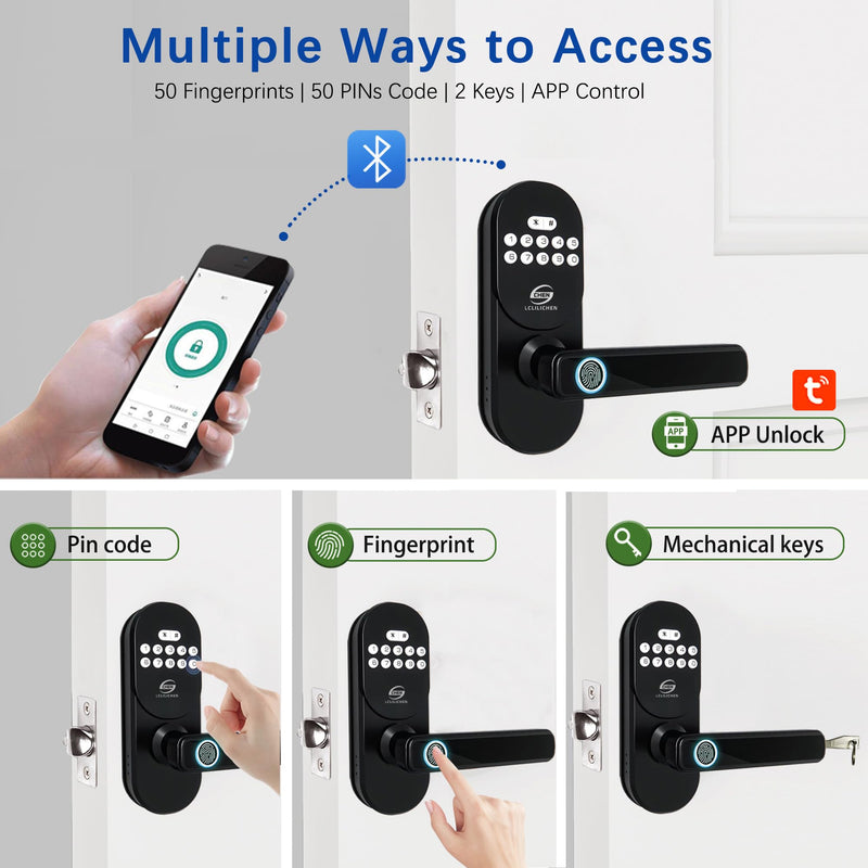 Smart Deadbolt with Handle, Fingerprint Door Lock, Keyless Entry with Keypad & APP Control, IP65 Weatherproof for Front Door, Bedroom, Office