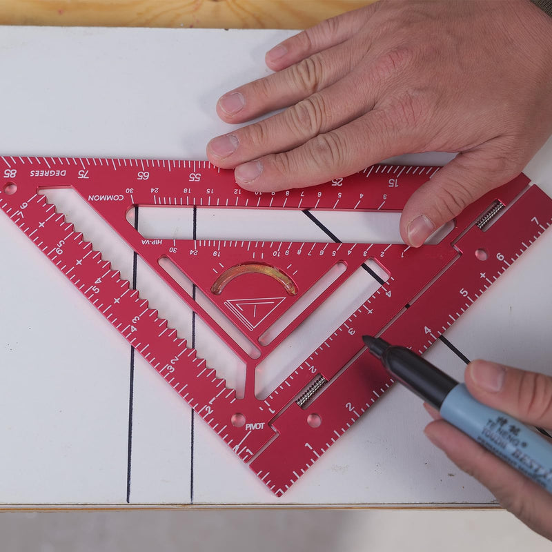 Shefave 8.3" Rafter Square with Jig Block,Rotating Fence Rafter Square for Flatwork, CNC Aluminum Woodworking Triangle Square, High Precision Framing Square for Carpenters & Metal Workers (Red) Red