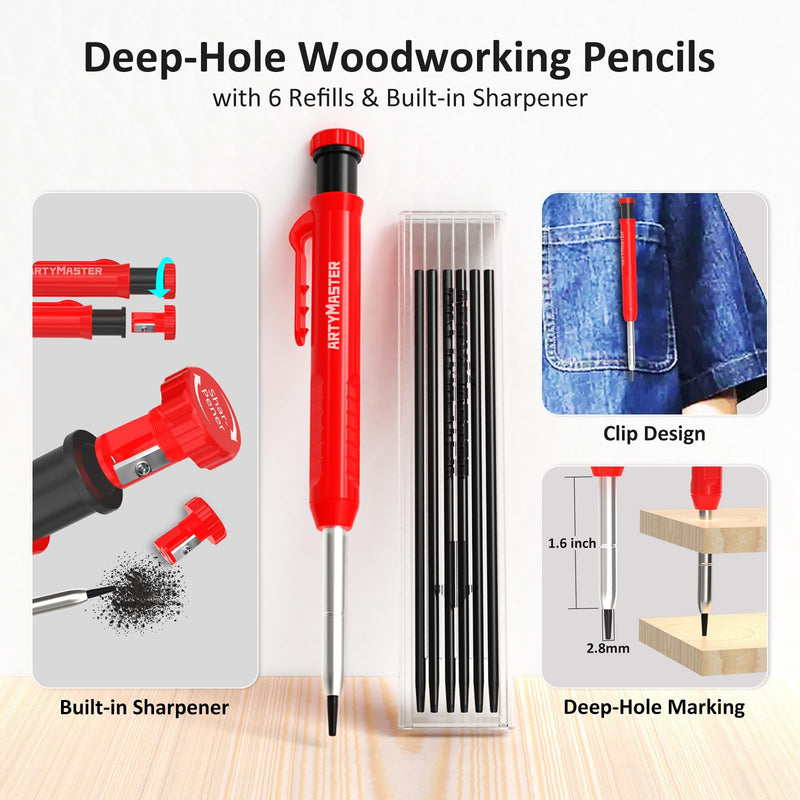 8 inch 3D Multi-Angle Measuring Square Ruler, WT103B High Precision Hole Scribing Woodworking Tools, 0-90° Aluminum Alloy Carpenter Square Wood Working Tools, Carpenter Pencils 6 Refills. 8 inch Square