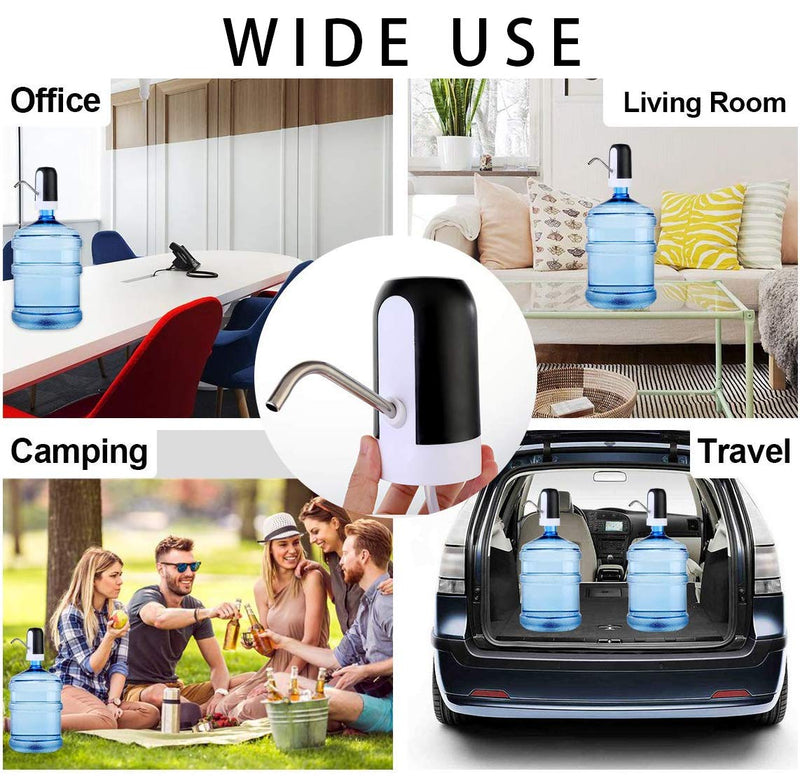 CHIVENIDO 5 Gallon Water Dispenser - Water Bottle Pump with Reusable Caps for Screw Top or Crown Tops, USB Charging Water Jug Dispenser for Universal 2-5 Gallon Bottle Black