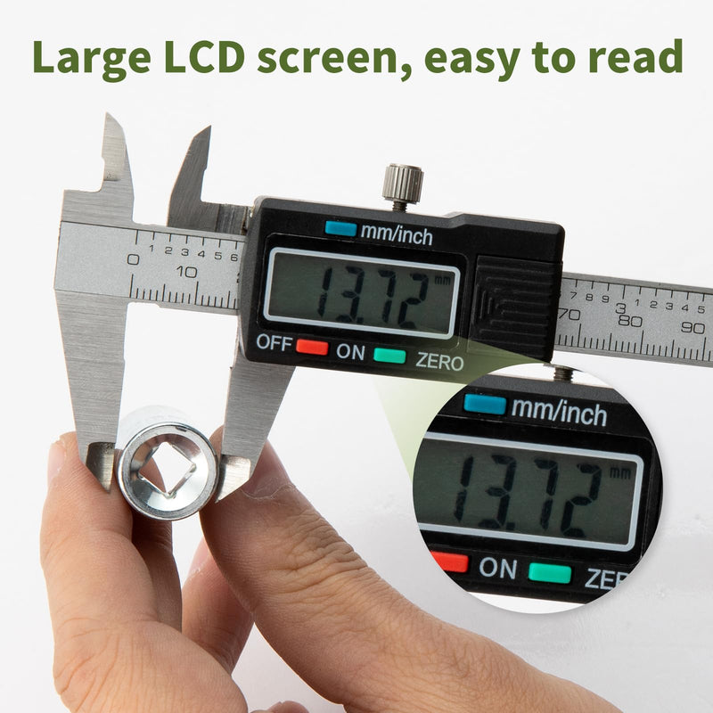 Digital Caliper 0-8" Measuring Tool with Metal Ruler, Micrometer Caliper with Auto-Off Feature, Interchangeable Between inches and millimeters for DIY/Household and 3D Printing, Black 8" Metal ruler Black